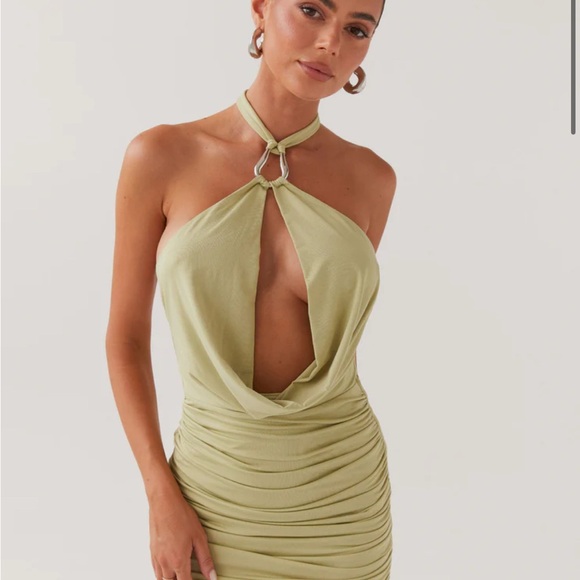 NWT Peppermayo Sage Green Backless Halter Mini Dress Ring Detail Sexy Rouched 4 - Picture 1 of 6